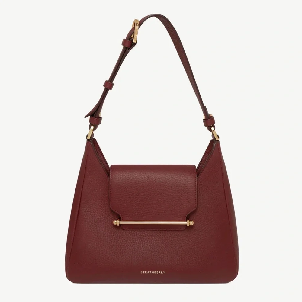 Strathberry Luxurious Burgundy Shoulder Bag with Gold Detail - Picture 1 of 9